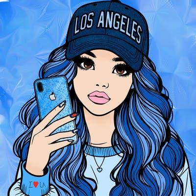 realistic beautiful girl wearing los ángeles cap holding an iphone