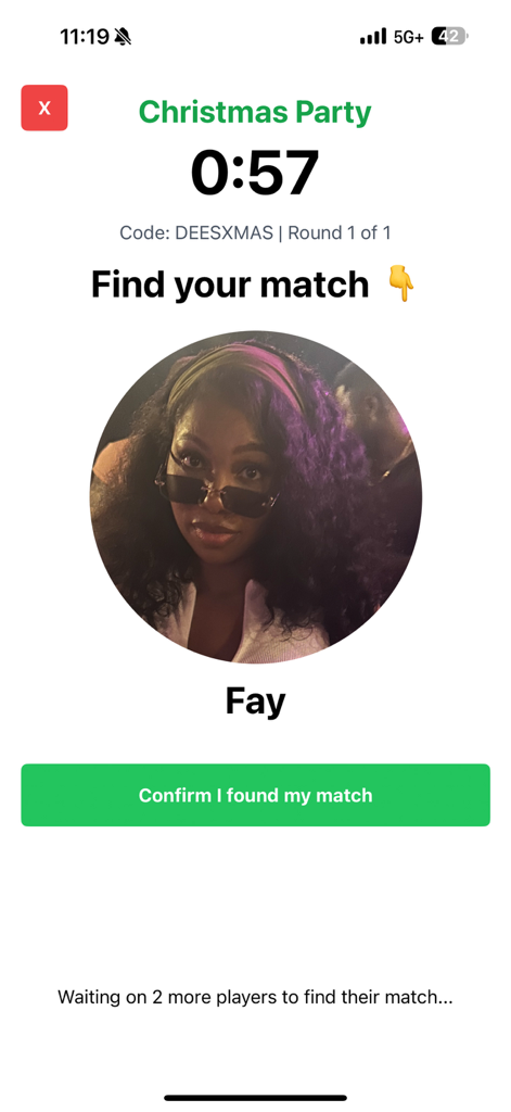 Tribe - Meet Cool People - Interfaz de la aplicación Tribe que muestra una pantalla de coincidencia durante un evento virtual de encuentros rápidos