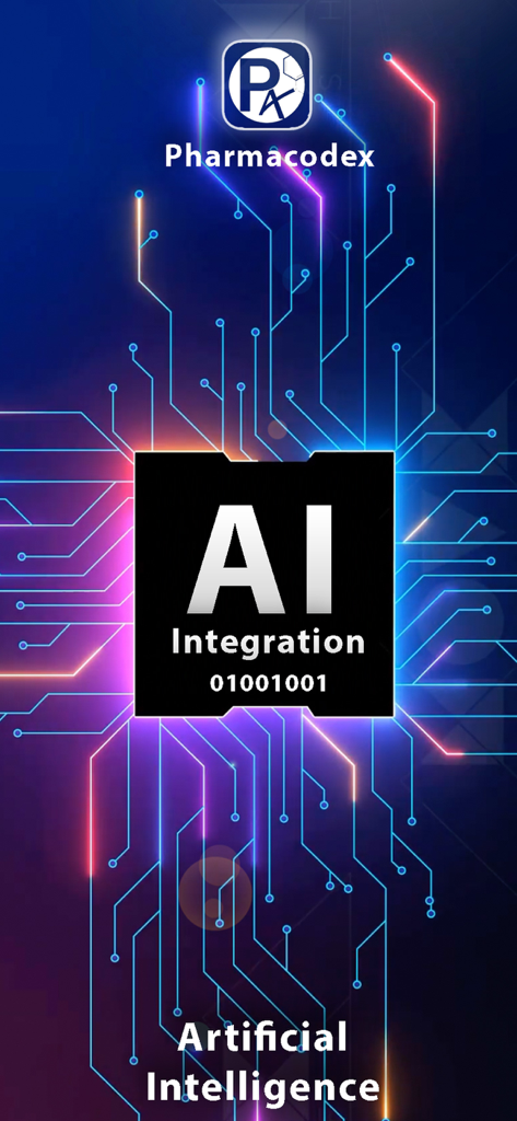 Pharmacodex - Pantalla de la aplicación Pharmacodex que destaca la función de integración de inteligencia artificial para farmacología