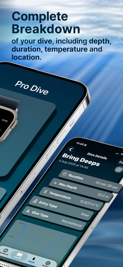 Pro Dive app interface on an iPhone displaying a detailed dive log with depth, duration, temperature, and a profile graph.