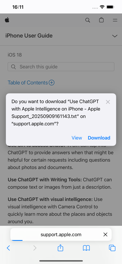 Tela do iPhone exibindo um prompt de download do Safari para um arquivo de texto puro gerado pela extensão TextDrop