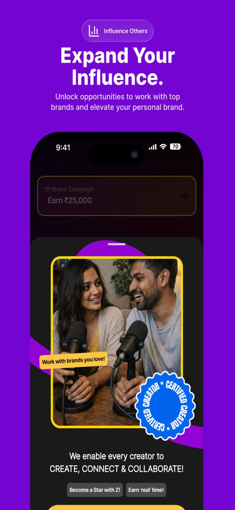 Hipi app screen explaining how creators can expand their influence and unlock brand partnership opportunities.