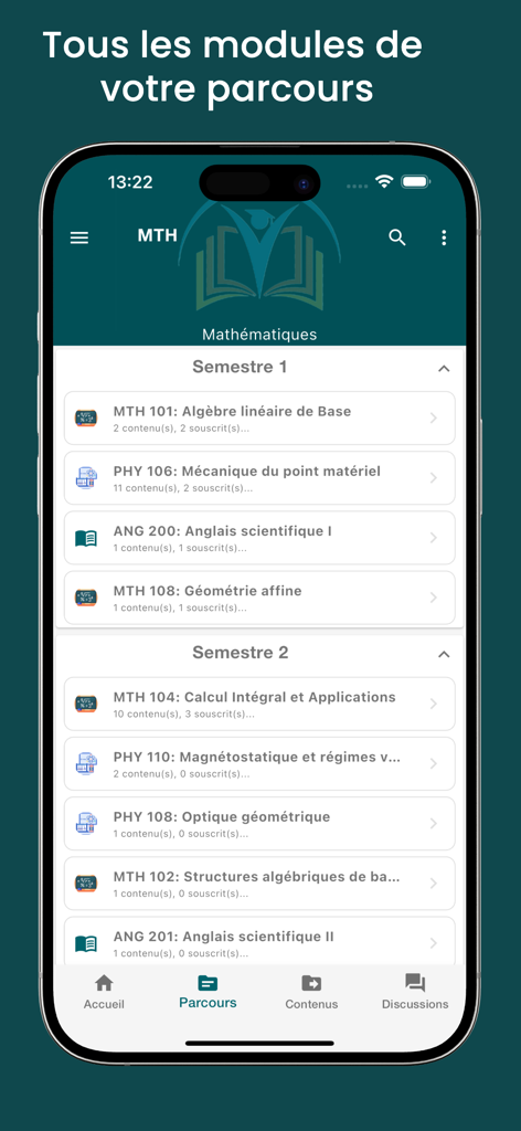 Virtual School - さまざまな学期の学術コースを表示するVirtual Schoolアプリの学習パス画面。