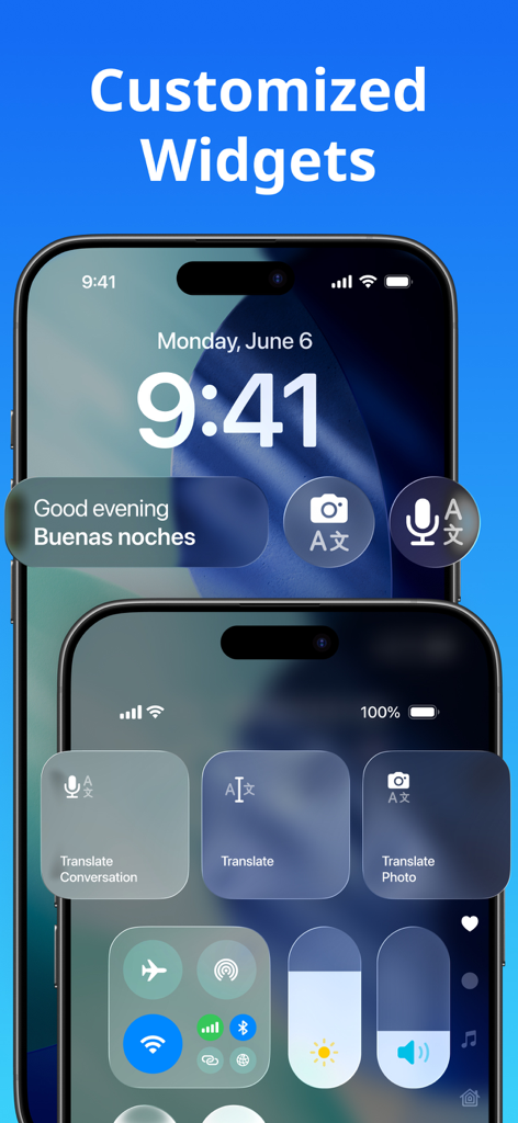 Translate Now AI Translator app widgets on an iPhone lock screen and home screen