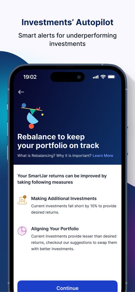 HDFC Bank SmartWealth - Bildschirm für die automatische Anlage und Portfolio-Neuausrichtung der HDFC Bank SmartWealth Investitionen