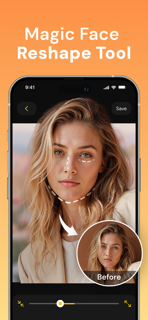 Body Face Tune: Photo - A woman using the magic face reshape tool in a photo editing app on iPhone