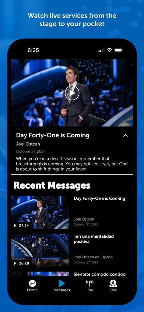 Joel Osteen Ministries - Screenshot of the Joel Osteen Ministries app showing a sermon video and a list of recent messages