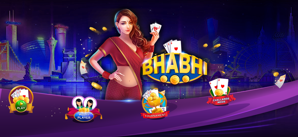 Bhabhi card game banner featuring a woman in a red saree with a night city skyline background and game mode icons
