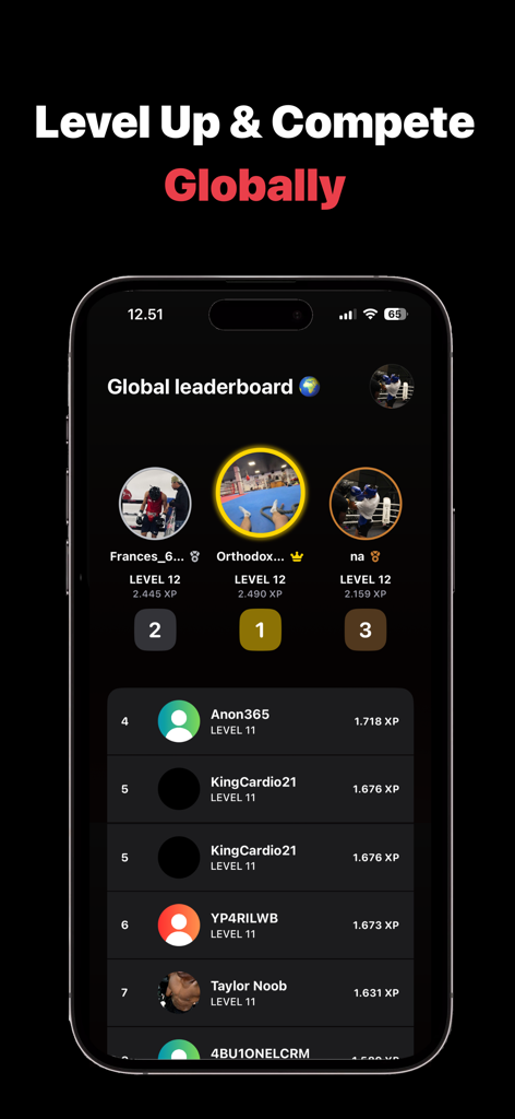 Boxer AI - La pantalla de la tabla de clasificación global de la aplicación Boxer AI que muestra las clasificaciones de los usuarios y los niveles de XP.