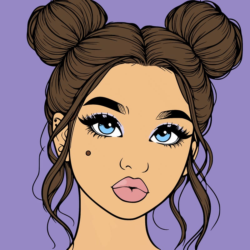 realistic girl with two buns on her hair and lips