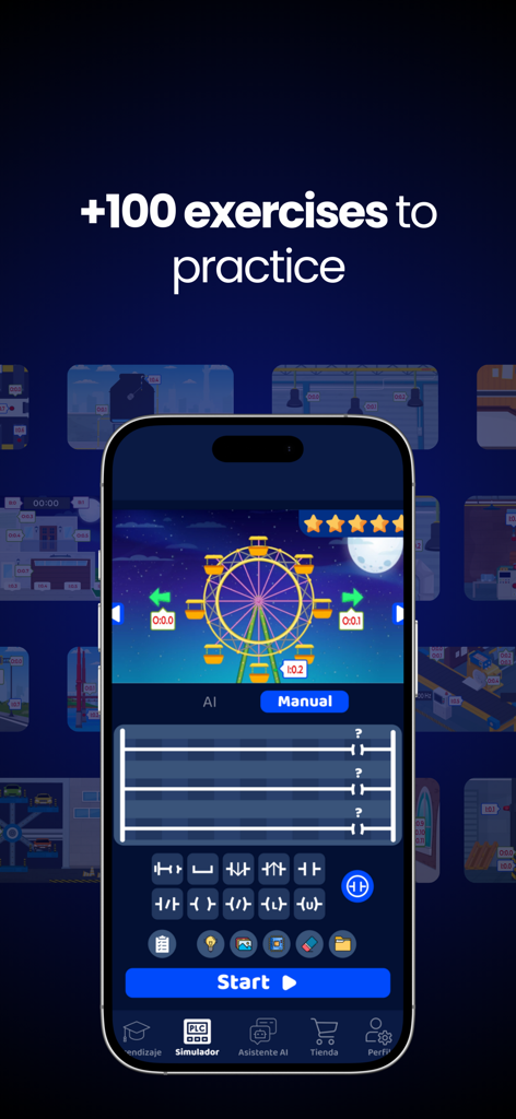 Pantalla de la aplicación PLC AI que presenta una simulación de proceso industrial de noria y un editor de lógica Ladder