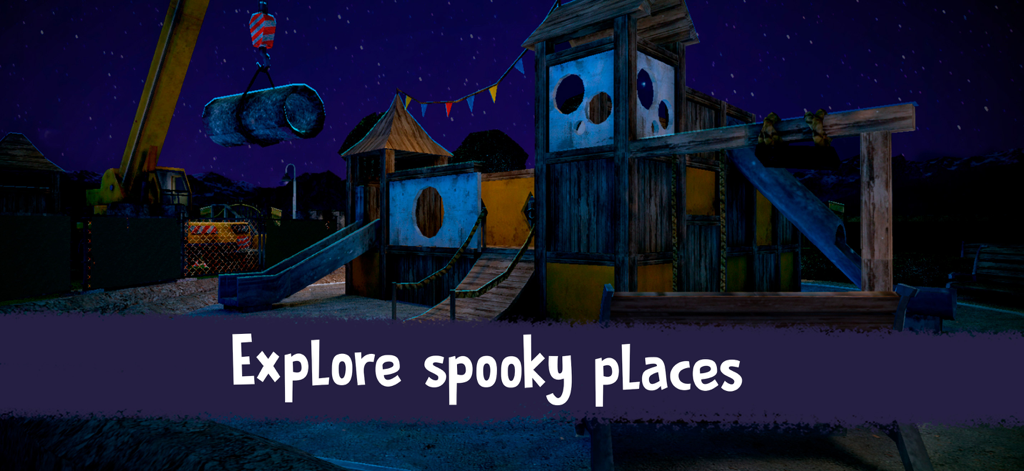 A spooky wooden playground at night in the Ice Scream 1 horror game with the caption Explore spooky places.