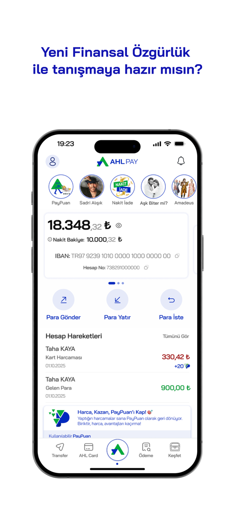 AHL Pay - AHL Pay mobile app interface displaying account balance, IBAN, and recent transactions in Turkish Lira