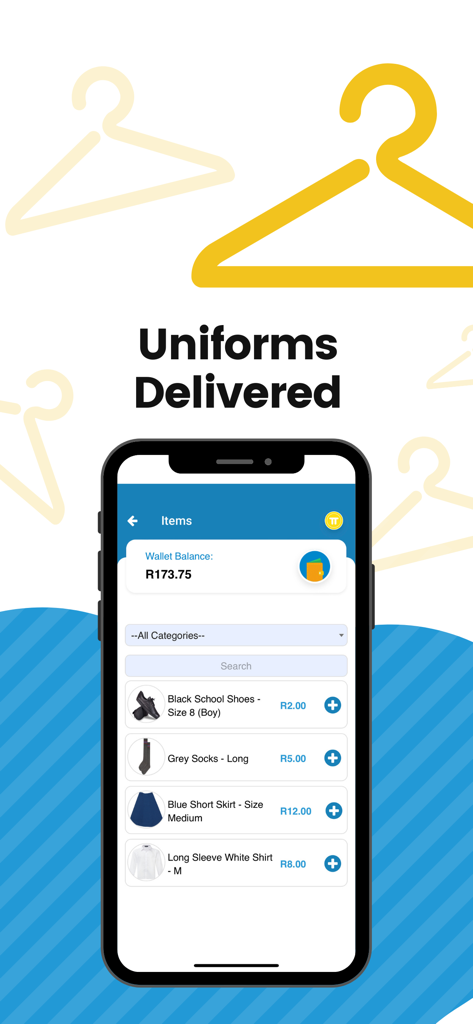 TapTuck mobile app screen showing a list of school uniforms available for purchase including shoes and shirts.