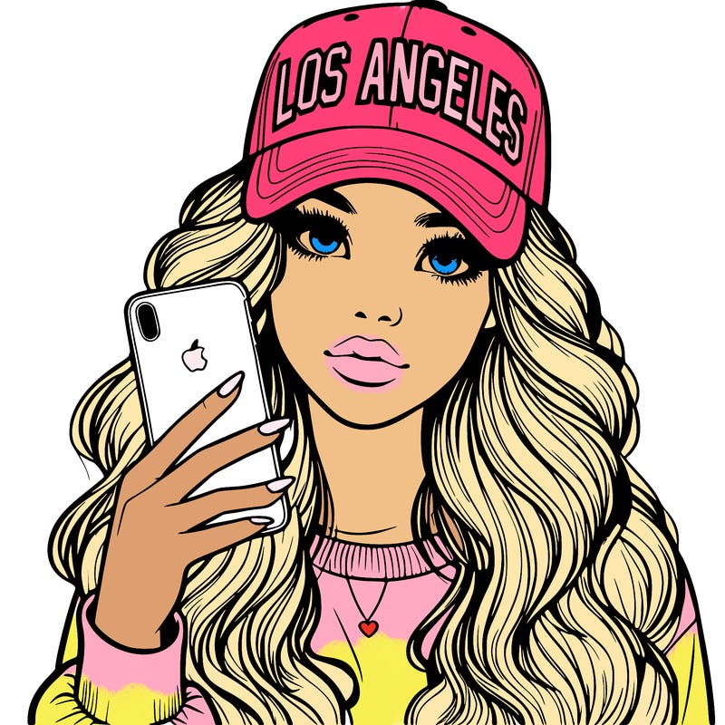 realistic beautiful girl wearing los ángeles cap holding an iphone