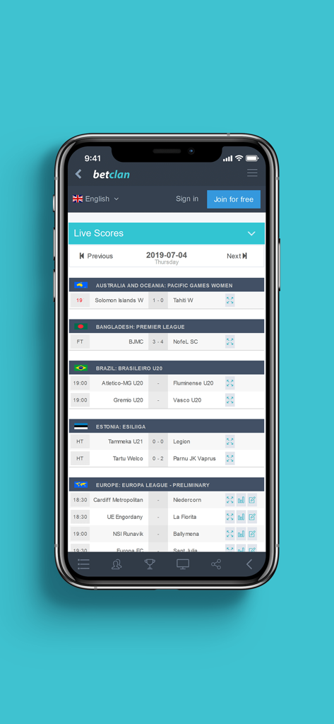 BetClan mobile app live soccer scores screen showing real time results and schedules.