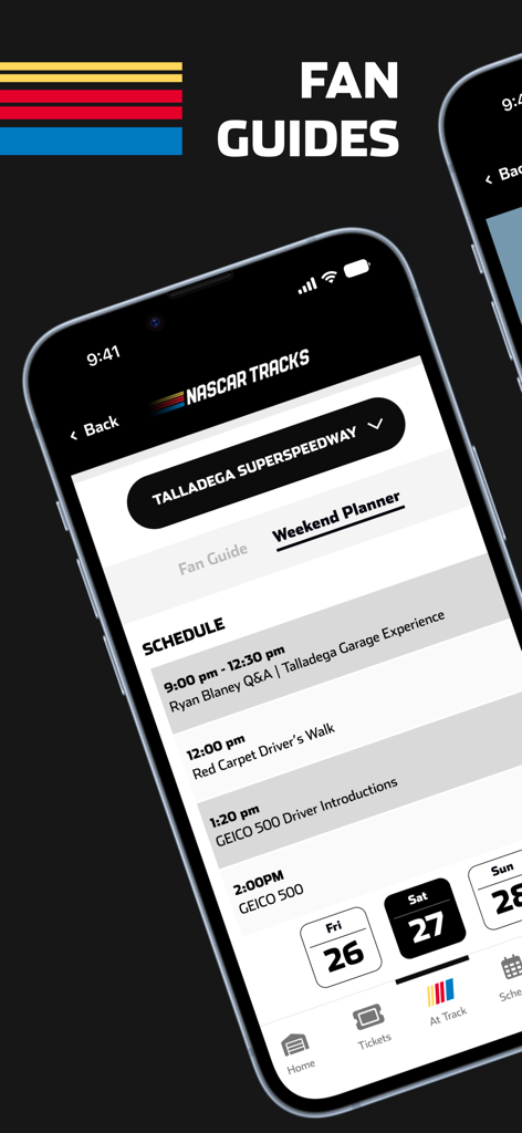NASCAR Tracks - Smartphone screen showing the NASCAR Tracks app weekend planner with race events schedule