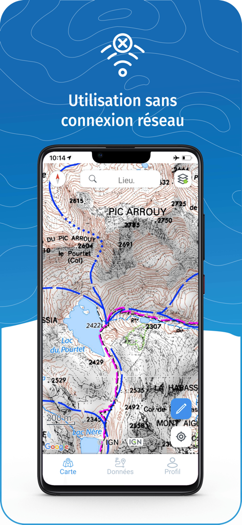 WeTrek app interface showing offline topographic map for hiking