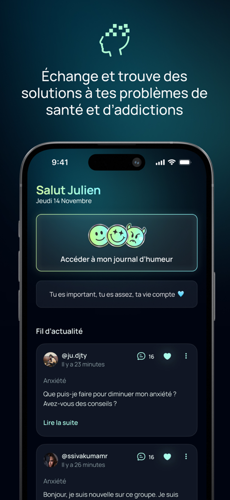 Talkity - Talkity App Dashboard zeigt Stimmungstagebuch und Unterstützungsgemeinschaft für psychische Gesundheit