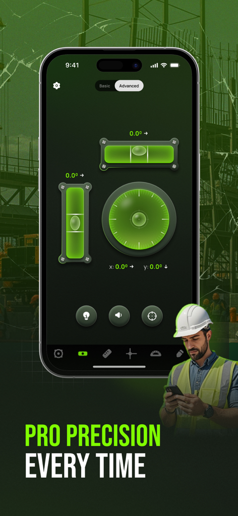 Level Tool: Bubble Leveler Pro - Smartphone screen displaying digital bubble level tools with a construction worker background