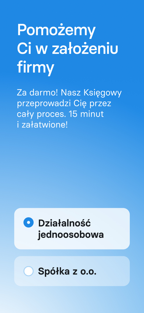 inFakt — KSeF Faktury Księgowi - InFakt app screen showing options to start a company as a sole proprietorship or a limited liability company