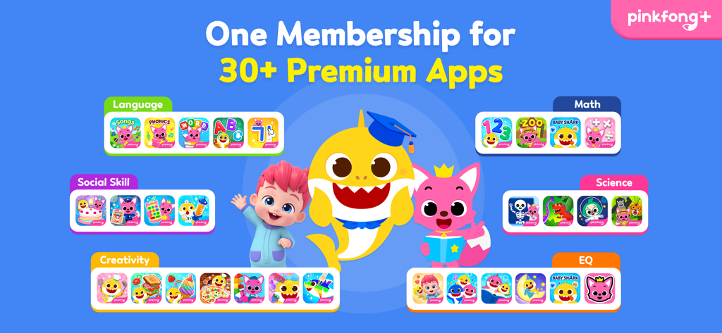 Banner promocional de Pinkfong Plus que muestra más de 30 aplicaciones educativas para niños con personajes de Baby Shark y Bebefinn.