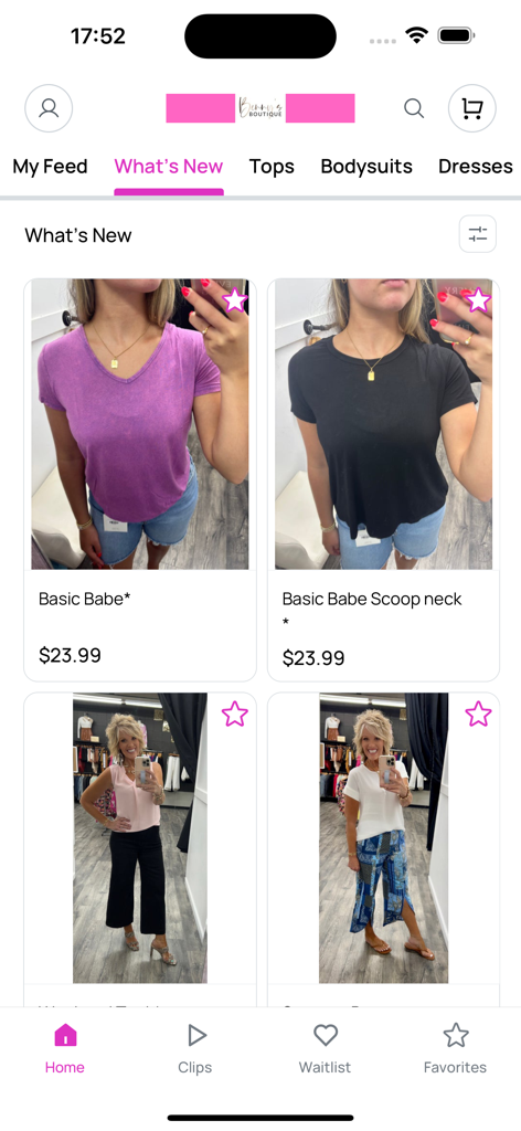 Benny's - Interface of the Benny's boutique app showing new arrivals in women's fashion