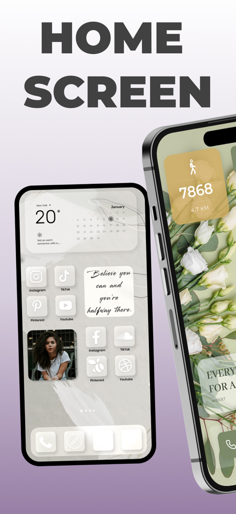 Two iPhones displaying aesthetic home screen themes with custom icons and widgets