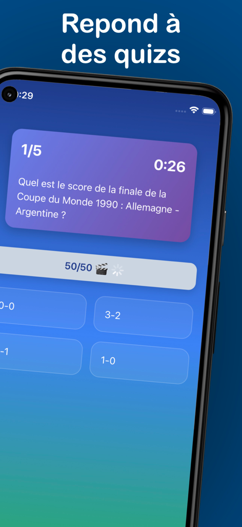 Daily Football Quiz - Daily Football Quiz app screen showing a multiple choice soccer trivia question about the 1990 World Cup final score