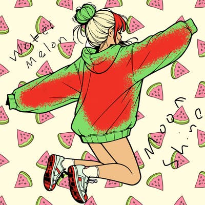 realistic girl jumping with a bun and oversized sweatshirt
