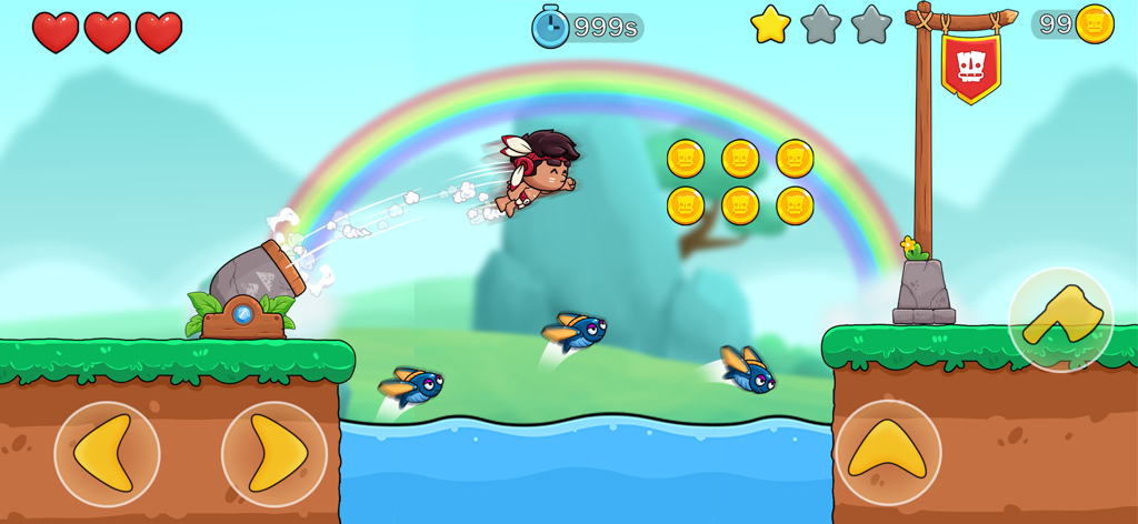 Jungle Adventure: Tribe Boy - Personagem Tribe Boy sendo lançado de um canhão sobre um vão de água em um vibrante nível de plataforma de selva com fundo de arco-íris.