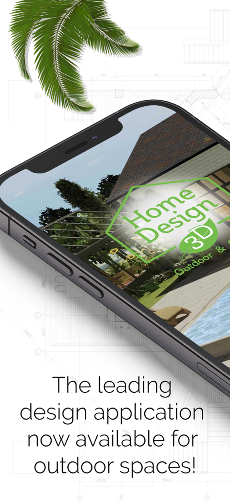 Home Design 3D Outdoor Garden - Pantalla de smartphone que muestra el logotipo de la aplicación Home Design 3D Outdoor Garden sobre un fondo de plano arquitectónico