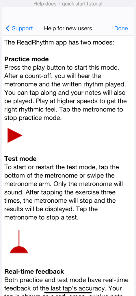Tutorial page describing Practice and Test modes in the Rhythm Sight Reading Trainer app