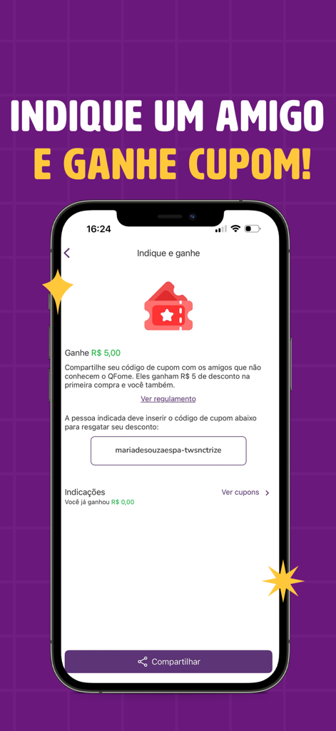 QFome App - Delivery de Comida - QFome App referral screen showing how to earn coupons by inviting friends