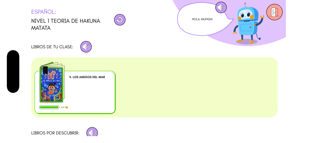Fiction Express Starter - Interface of the Fiction Express Starter app showing a Spanish language level selection screen with a friendly blue robot assistant and a featured book titled Los Amigos del Mar