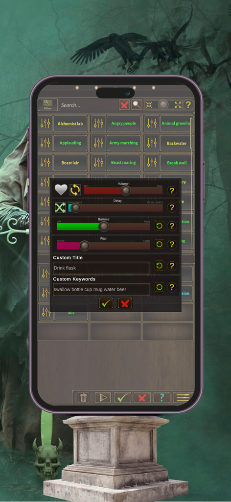 RPG Master Sounds Mixer - RPG Master Sounds Mixerアプリのインターフェース。サウンドエフェクトのオーディオカスタマイズオプションが表示されています。