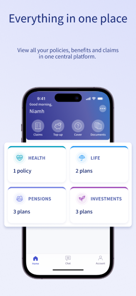 MyIrishLife app dashboard displaying a summary of health life pensions and investments policies in one place