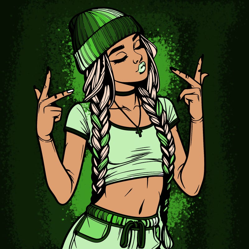 realistic teenage girl with braids and a beanie and crop top doing 🫶🏼