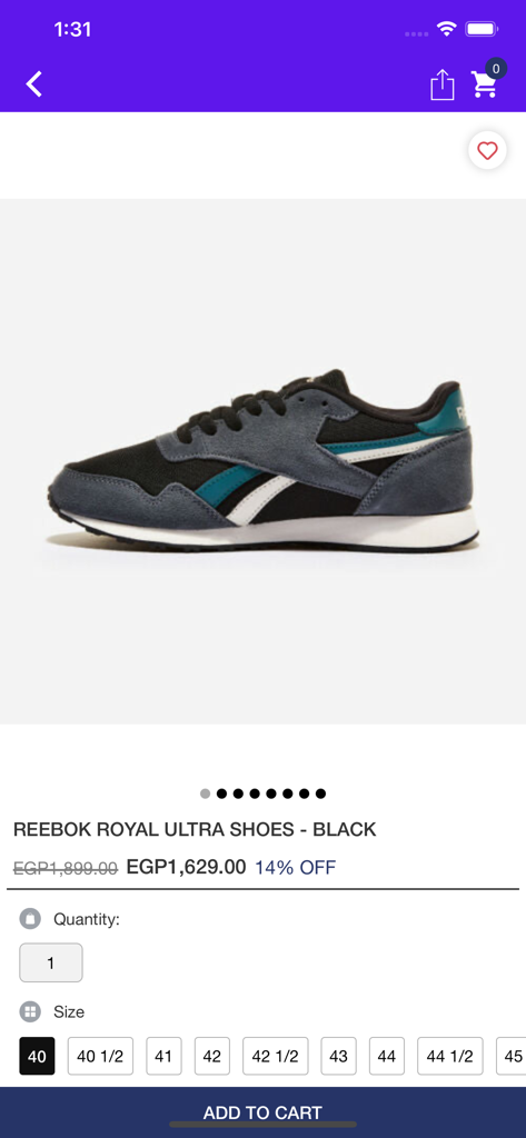 Activ Abou Alaa. - Product page of a black Reebok sneaker in the Activ Abou Alaa shopping app.