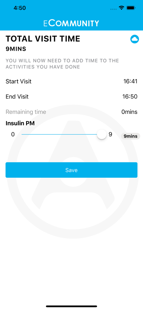 eCommunity - Mobile app screen showing clinician interface for tracking patient visit time and logging treatment activities like insulin administration
