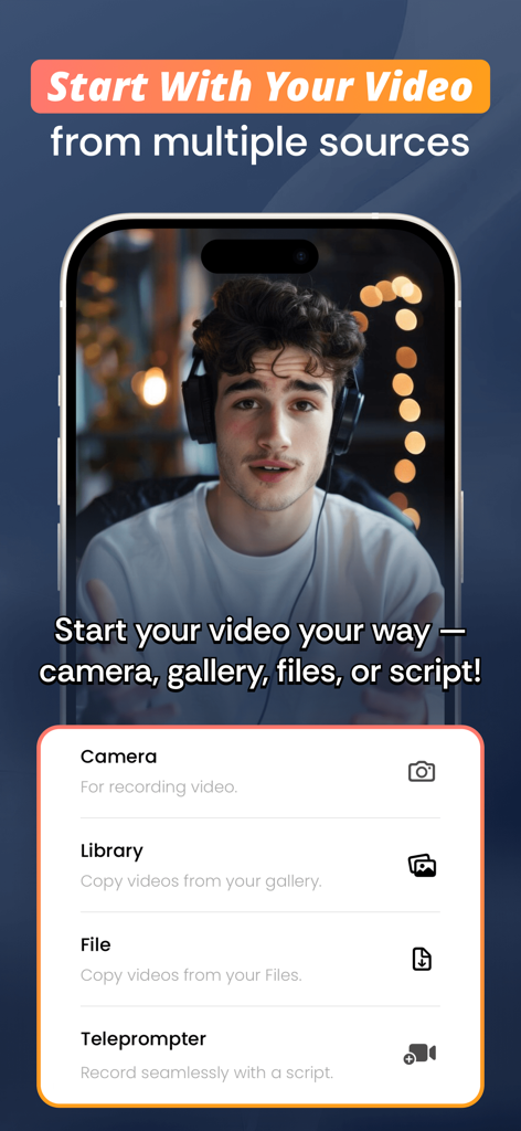 Captions Maker: Video Subtitle - Captions Makerアプリのインターフェース。カメラ、ライブラリ、ファイル、テレプロンプターなどの動画ソースオプションが表示されています。