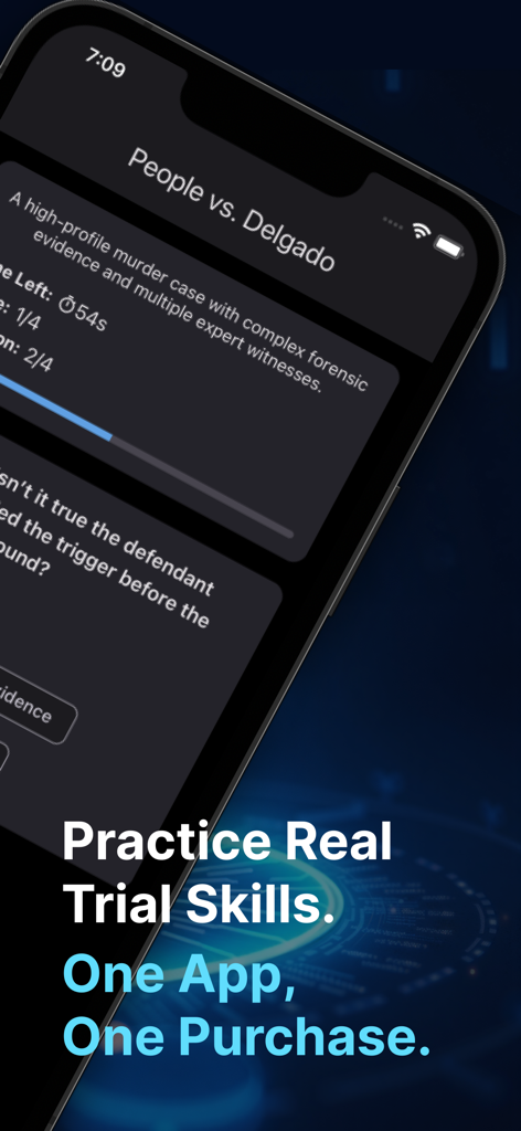 Objection Academy trial simulator showing a murder case scenario for practicing courtroom objections.