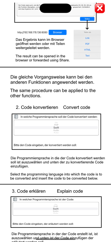 Developer-PRO - User interface of the Developer-PRO app showing features for sharing code snippets and options to convert or explain code in different programming languages