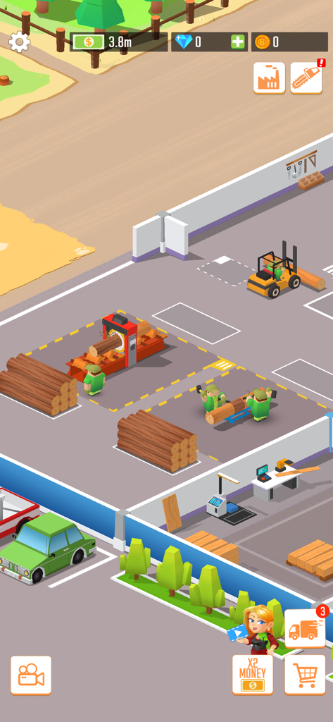 Gameplay screenshot of Idle Lumber Empire showing a wood factory with workers and machinery