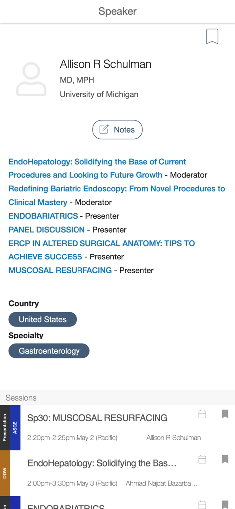 DDW 2025 - Profile page of a medical speaker showing name, institution, specialty, and a list of scheduled sessions in the DDW 2025 app