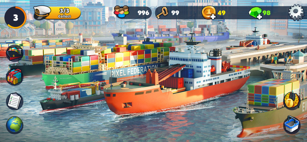 Port City: Ship Simulator - Varios buques de carga transportando contenedores coloridos en un puerto concurrido