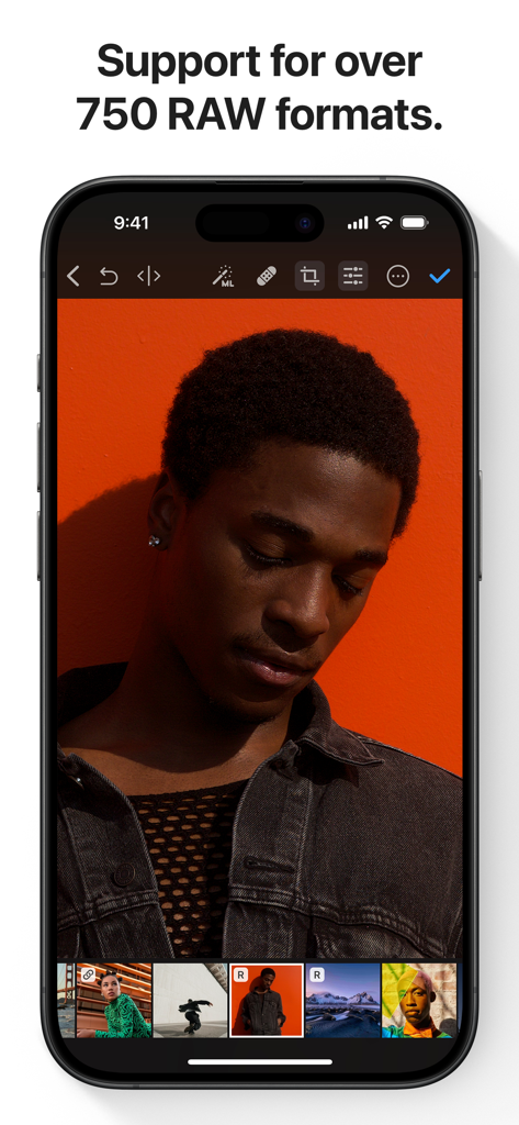 Photomator app on iPhone displaying RAW photo editing of a portrait with an orange background