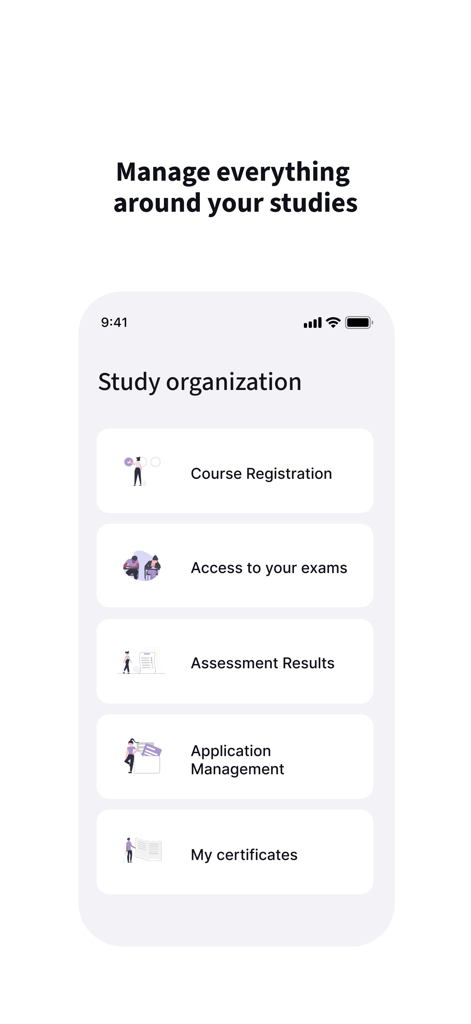 IU myCampus app dashboard showing study organization options including course registration exam access and assessment results