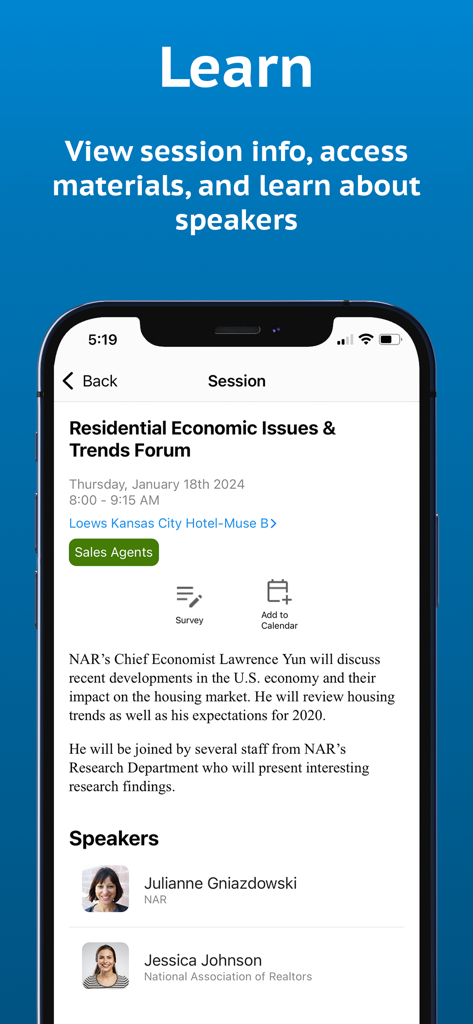 WESTOP Events 앱 화면으로 컨퍼런스 세션 세부 정보 및 연사 약력 표시