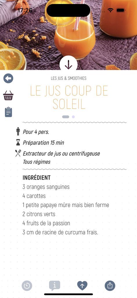 Flexi Food - Pantalla de la aplicación Flexi Food que muestra una receta de jugo saludable con ingredientes como naranjas sanguinas y zanahorias.